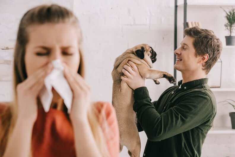 Woman-sneezing-allergic-to-pug